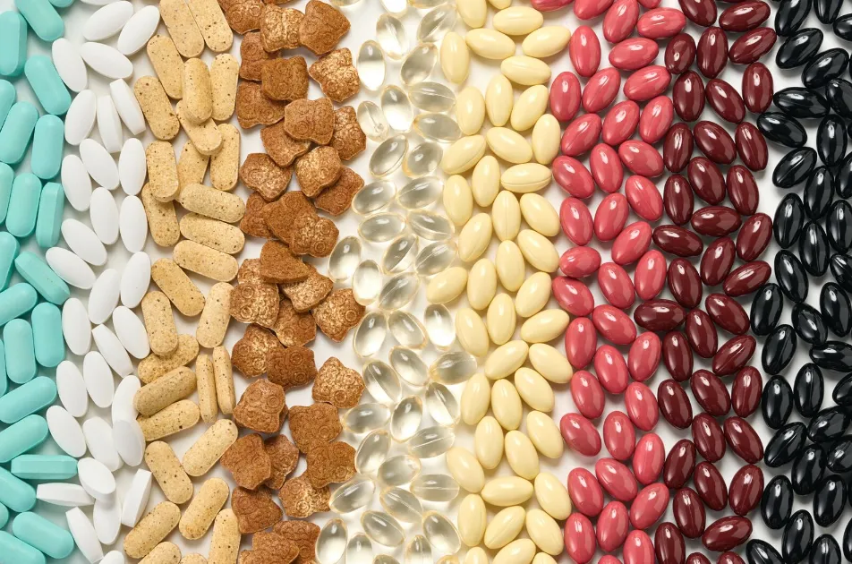 Softgels, capsules and tablets in a range of colours